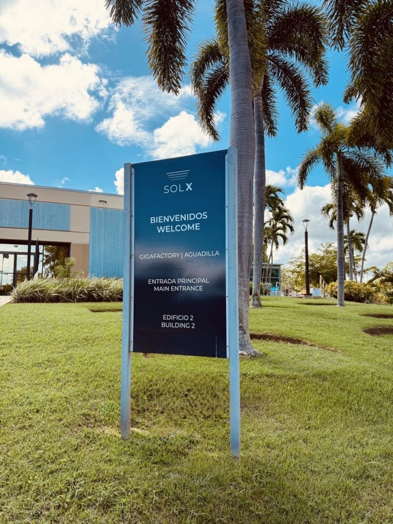 Solx Gigafactory welcome sign at the Aguadilla, Puerto Rico campus